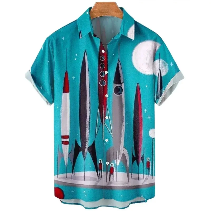 thumbnail image 1 of Camisa hawaiana con estampado 3D de cohetes para hombre, blusa con patrón de dibujos animados, camisas casuales de verano estilo hawaiano, blusa holgada de manga corta con botones, 1 of 5