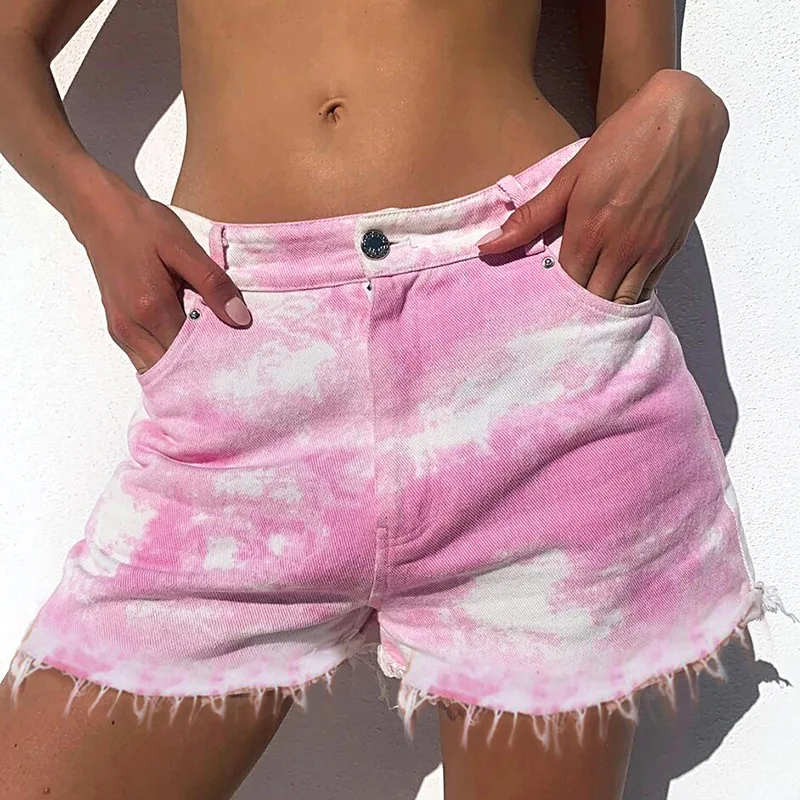 

Pink Tie Dye Denim Shorts 2023 Summer Casual Women Fashion Tassel Sexy Low Waist Jean Short Button Pockets Streetwear Shorts