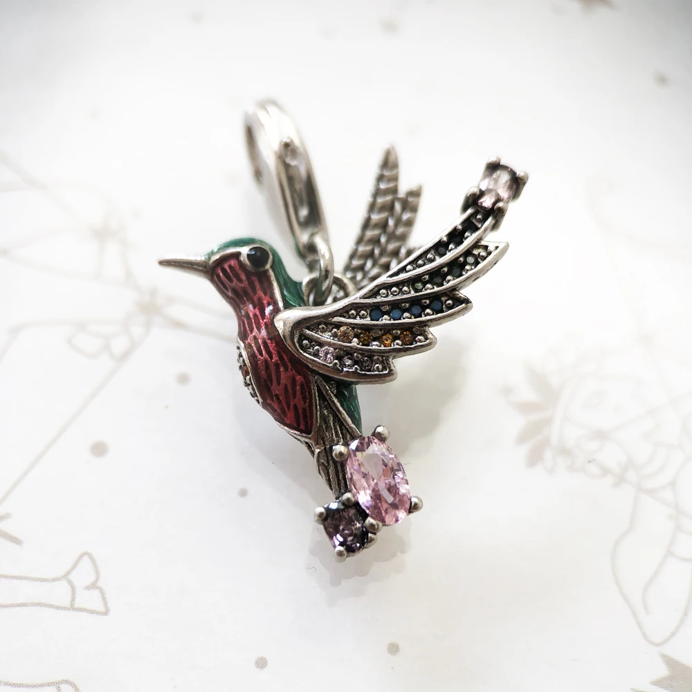 Ciondolo Colibrì In Argento 925 Smaltato - Gioiello Stile Europeo Per Bracciale Charm