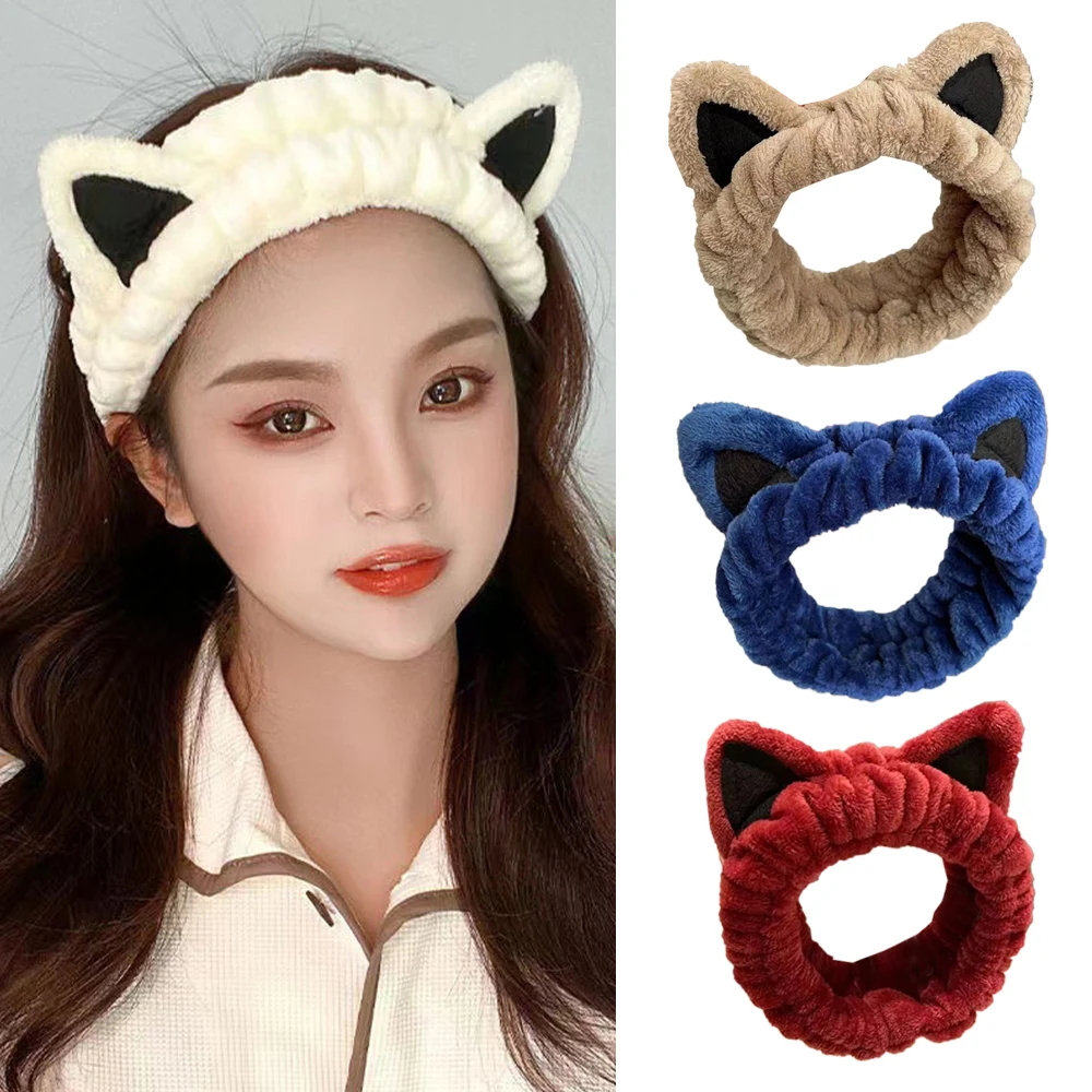 

Face Wash Make Up Non-slip Turban Head Wrap Cat Ears Plush Headband Animal Ears Soft Hairband Coral Fleece Elastic Hair Band