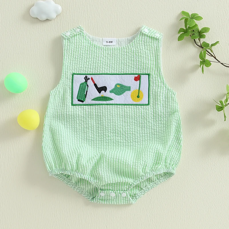0-18M Infant Baby Boy Summer Outfits Newborn Sleeveless Smocked Bubble Romper Golf Clothes 2