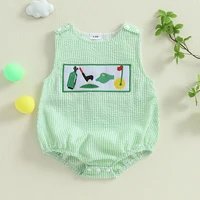 0-18M Infant Baby Boy Summer Outfits Newborn Sleeveless Smocked Bubble Romper Golf Clothes 2