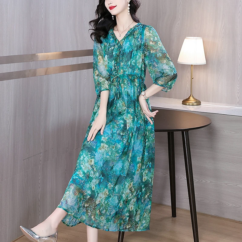 فستان طويل حريري مزهر ، فستان كاجوال كلاسيكي ، فست...