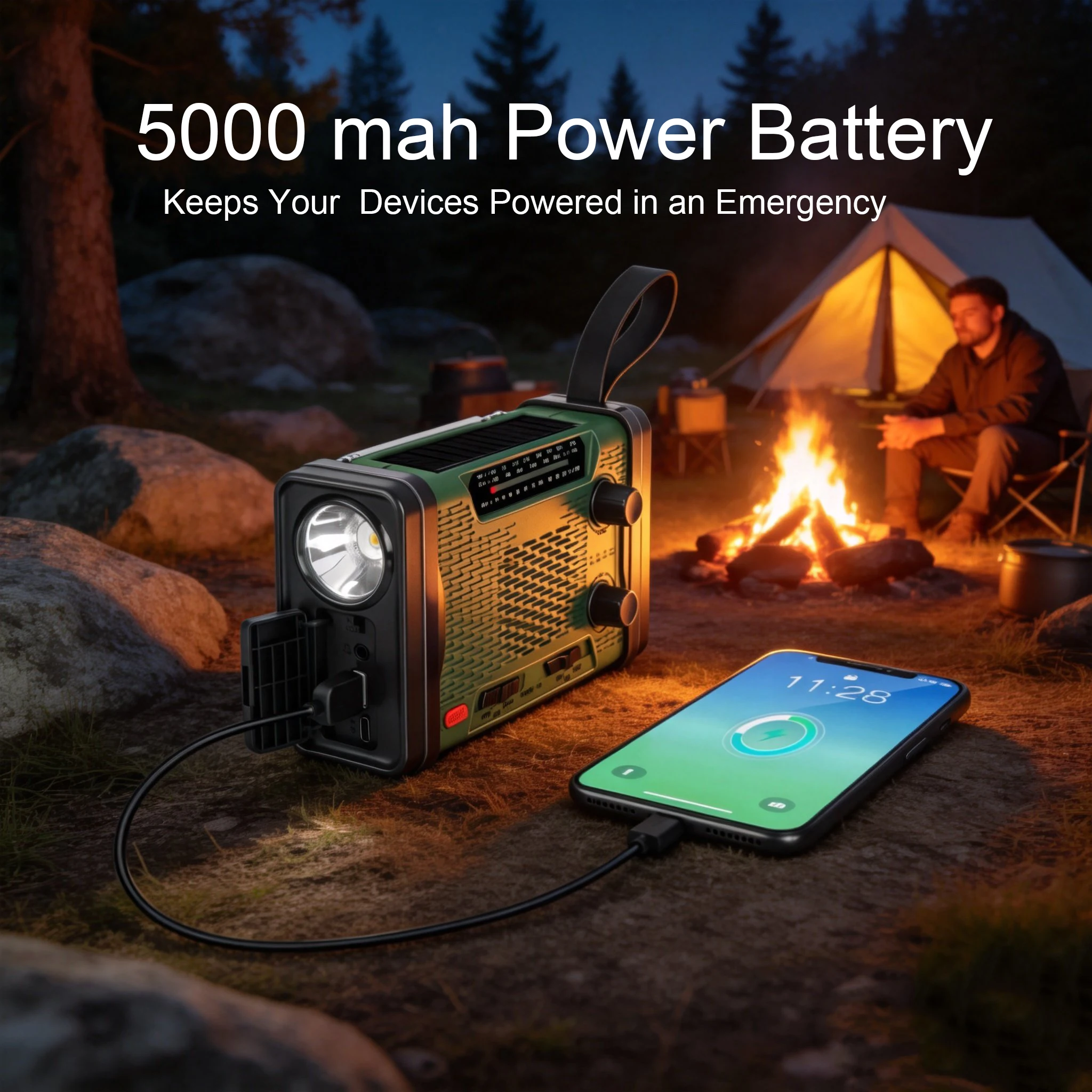비상용 휴대용 핸드 크랭크 라디오, 태양광 AM/FM SW 라디오, SOS 알람, 손전등 5000mAh 충전식 보조 배터리