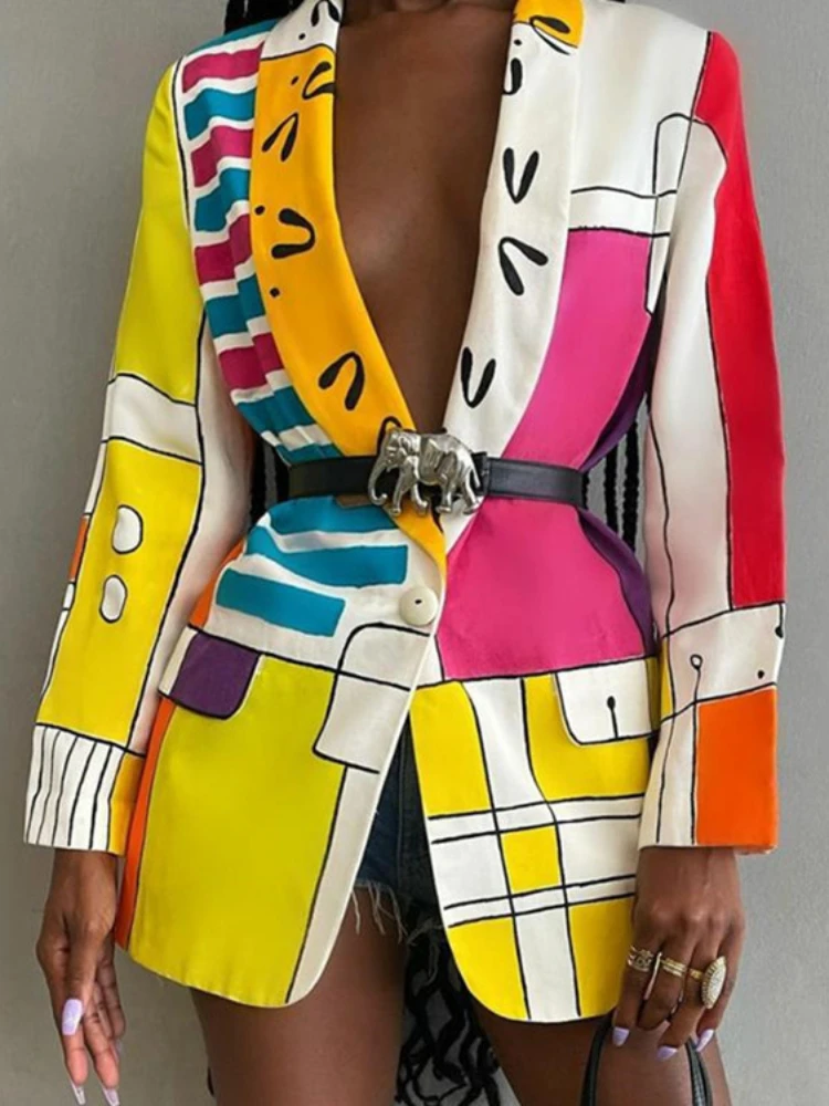 

Women's 2023 New Fashion Sexy Print Shawl Collar Single Breasted Belt Coat Small Suit Women Slight Strech Robe Blazer Women