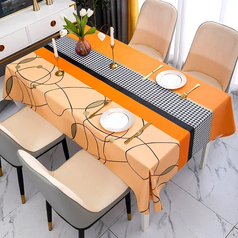 

Orange Splicing Style Linen Tablecloth Household Simple Pattern Tablecloth Rectangular Kitchen Tablecloth