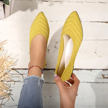 Summer Pointed Toe Flat Office Boat Solid Color Knitted Slip on Shoes Casual Ballet Flats Shoes Women Loafers Zapatos De Mujer 1