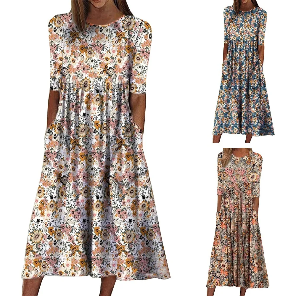 

2022 Spring/Summer Printed Round Neck Pullover Mid Sleeve Loose Casual Mid-Length Dress Women Party Office Elegant Dresses Lady