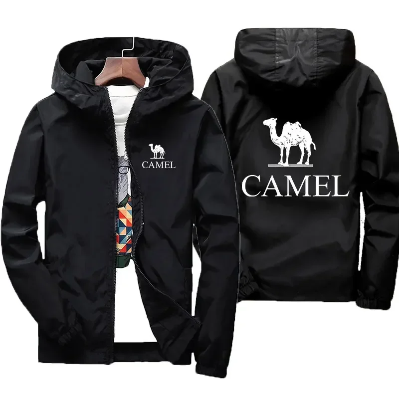 

CAMEL brand printed men's spring and fall Trench coat Fashion casual zipper hooded windproof jacket Outdoor fishing sweatshirt