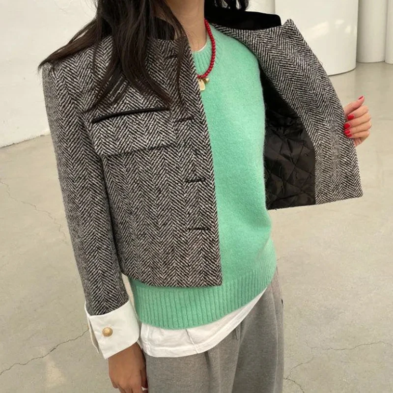 Biyaby Metal Button Stand Collar Jackets for Women Korean Style Pockets Plaid Coat Woman 2024 Spring Long Sleeve Cropped Jacket 2