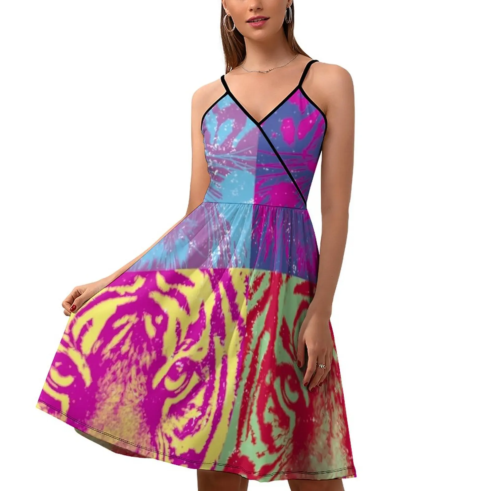 

Colorblock Big Cat Dress Woman Pop Art Tiger Trendy Dresses Spring Off Shoulder Street Style Custom Casual Dress Big Size 2XL