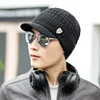 Men's Skullies Beanies with Visor for Warmth Winter Knit Earmuffs Thick Wool Lined Skull Ski Baseball Cap Winter Outdoor Riding 1