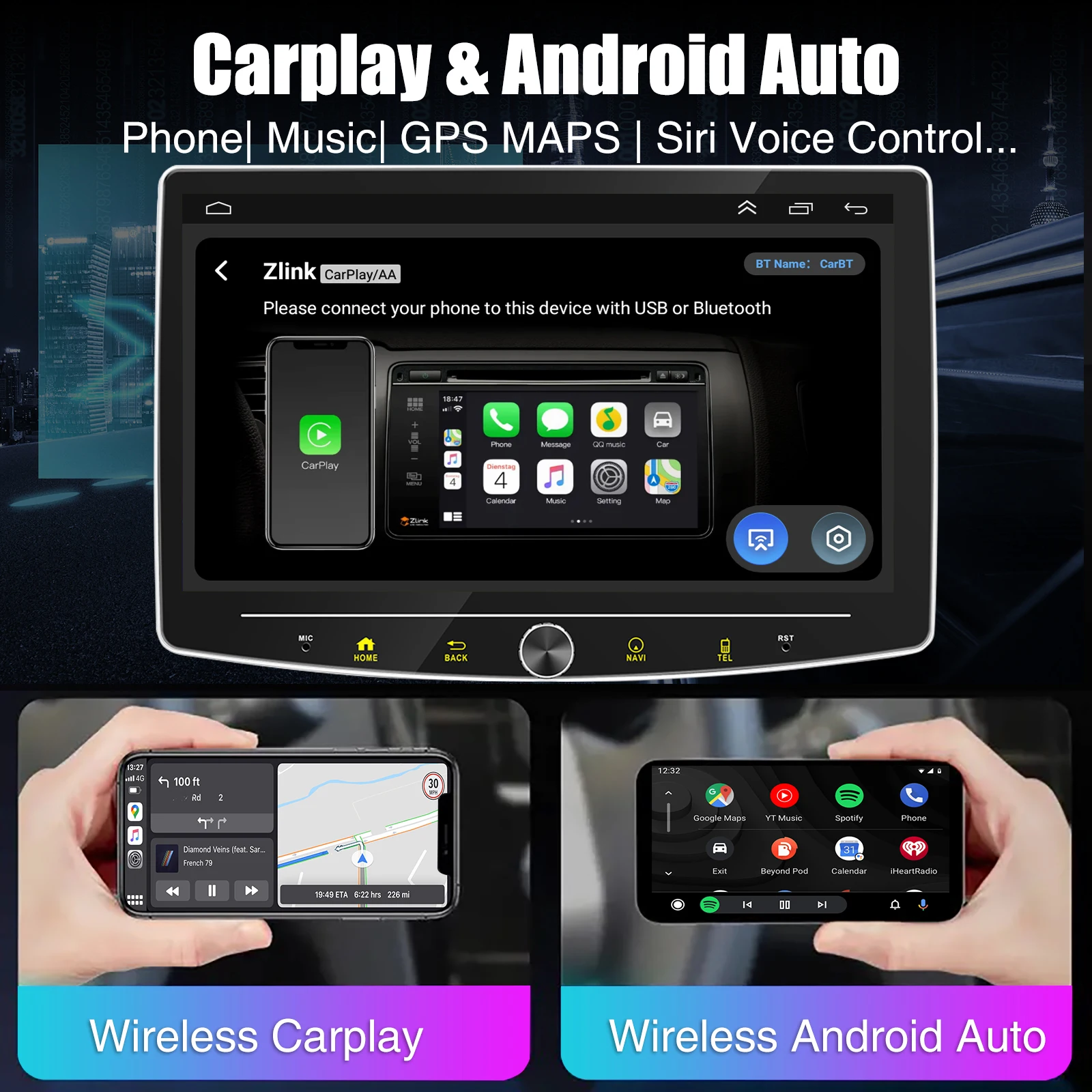 ESSGOO 10,1" Android 15 1 DIN Universal 360 ° Drehbarer Touchscreen Carplay MIC Android Auto Autoradio Radio GPS NAVI BT WIFI FM – Detail 8