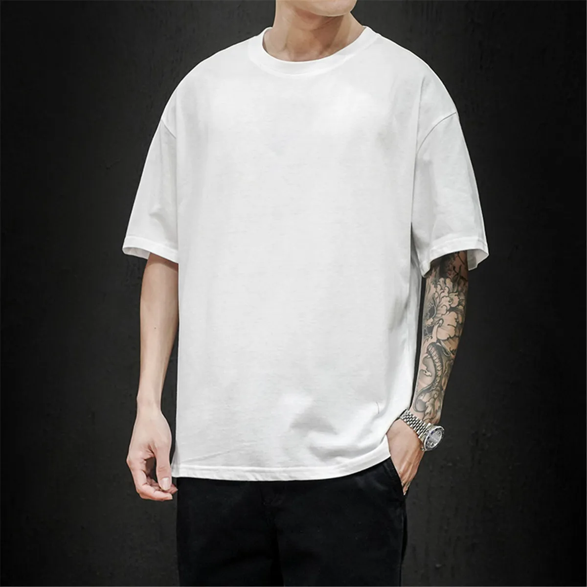 Cotton Summer Fashion Men's T Shirt Casual Solid Short Sleeve Classical Tee Mens 100% Cotton Korean Hip-Hop Top Tees Black White