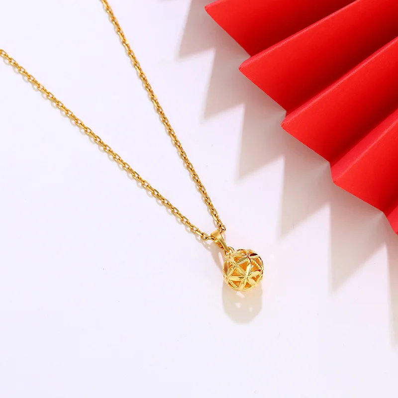 24k Pure Yellow Gold Color Hollow Lucky Beads Necklaces for Women Girl Chocker O Word Chain Wedding Fine Jewelry Gifts Not Fade
