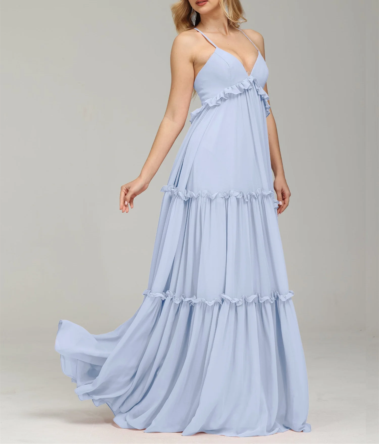 Chiffon V-neck Bridesmaid Dresses Spaghetti Straps A-line Ruffles Empire Waist Formal Evening Gowns Elegant Lace Up Party Dress