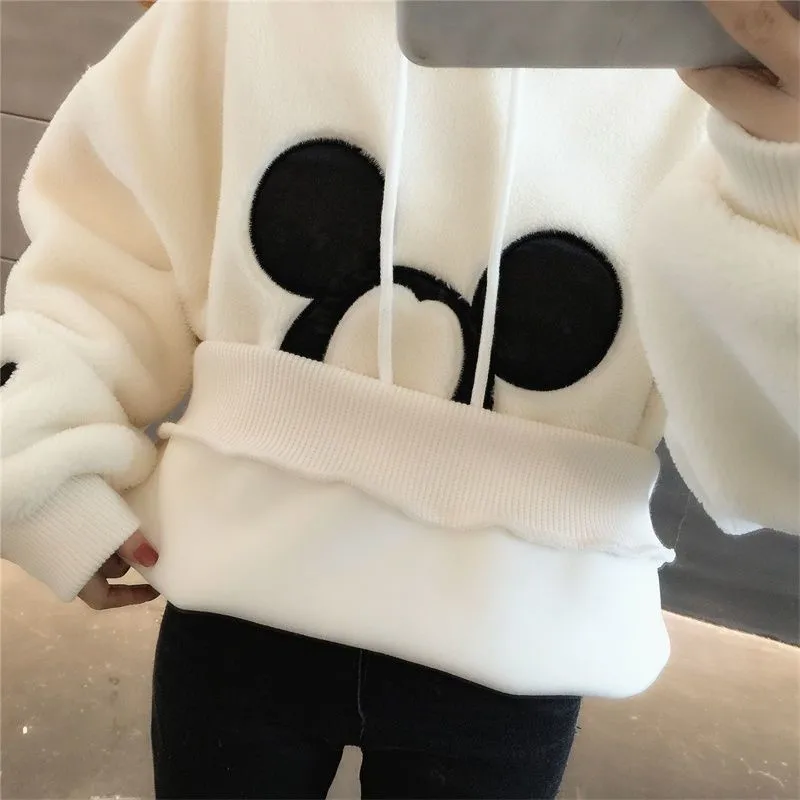 Disney Cute Mickey Minnie Mouse Hoodies Women Autumn Winter Pullover Tops Cartoons Femme Plus Velvet Clothes 2