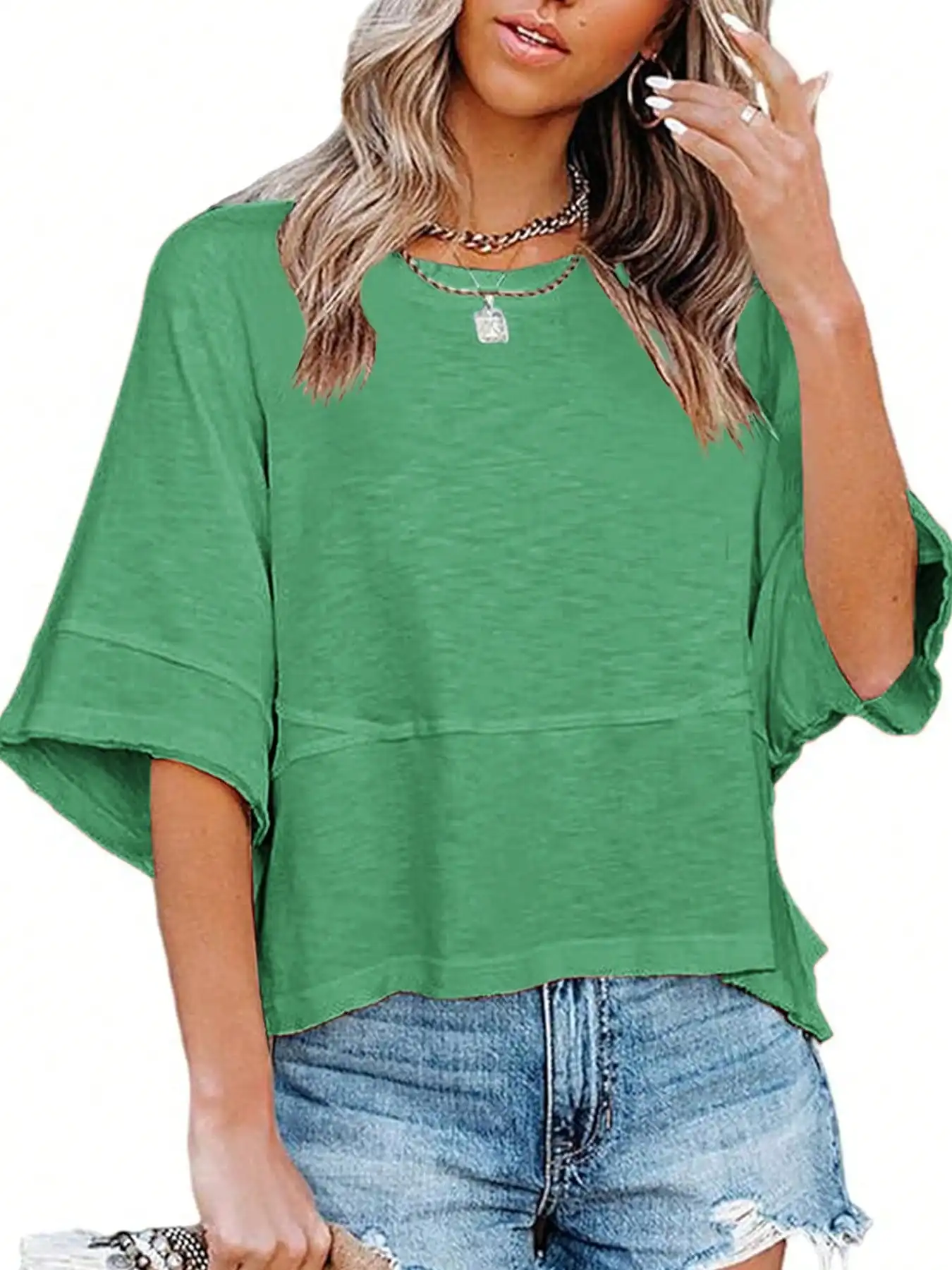 Women's Summer New Crewneck Batwing Half Sleeve Tops Solid Color Loose Fit Cute Flowy Tee Shirts Casual Dressy Cropped Blouse 3