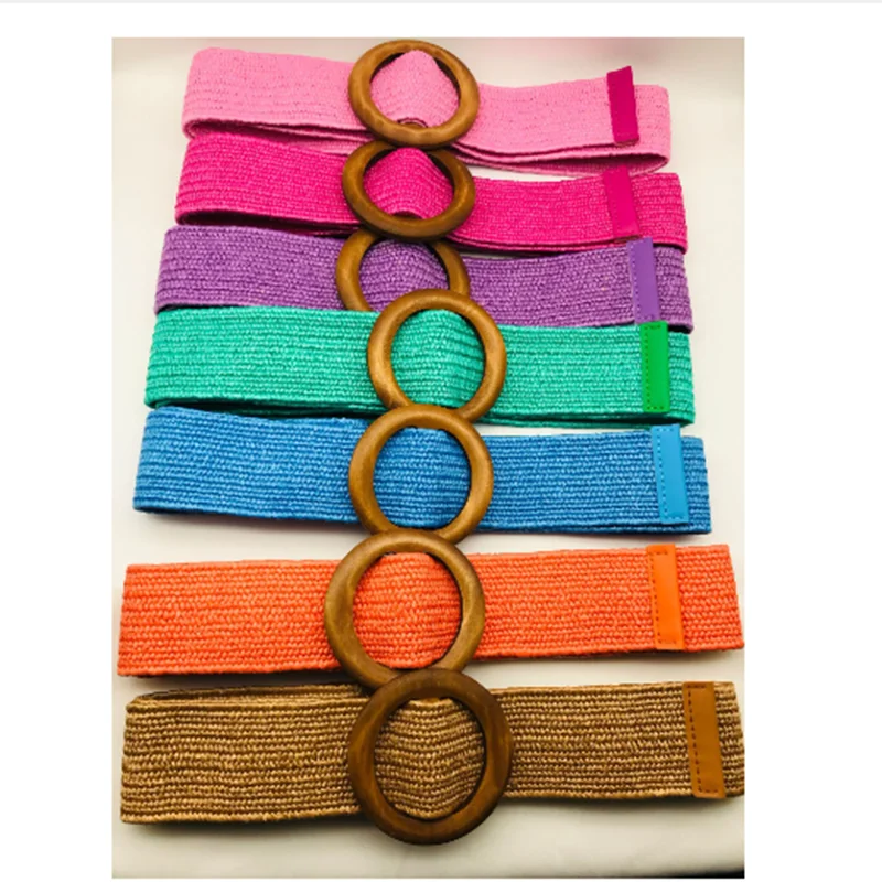 HOT Pink Women Rattan Straw Belts with Wooden Buckle Woven Waist Belt Accessory for Women Wedding Gift Boho Clothing Accessories