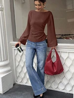 T-Shirt manches évasées pour femmes, couleur unie, col bateau, élégant, cravate au dos, coupe cintrée, hauts à manches longues, printemps/automne 4
