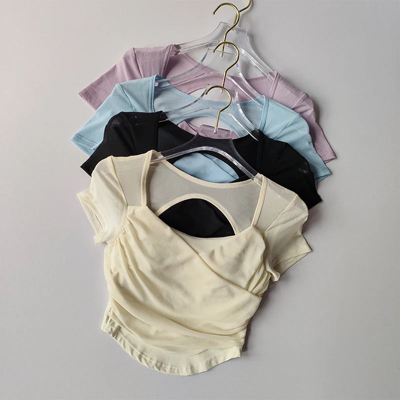 Advanced French Mesh Yoga Suit for Women's Top Pilates Short Sleeved Sportswear with Chest Pad Fitness T-shirt Short Style