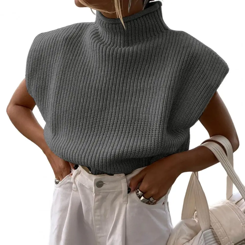 

Autumn Sweater Sleeveless Knitted Loose Pullover Shoulder Pads Warm Turtleneck Solid Color Sweater Women Clothing свитер женский