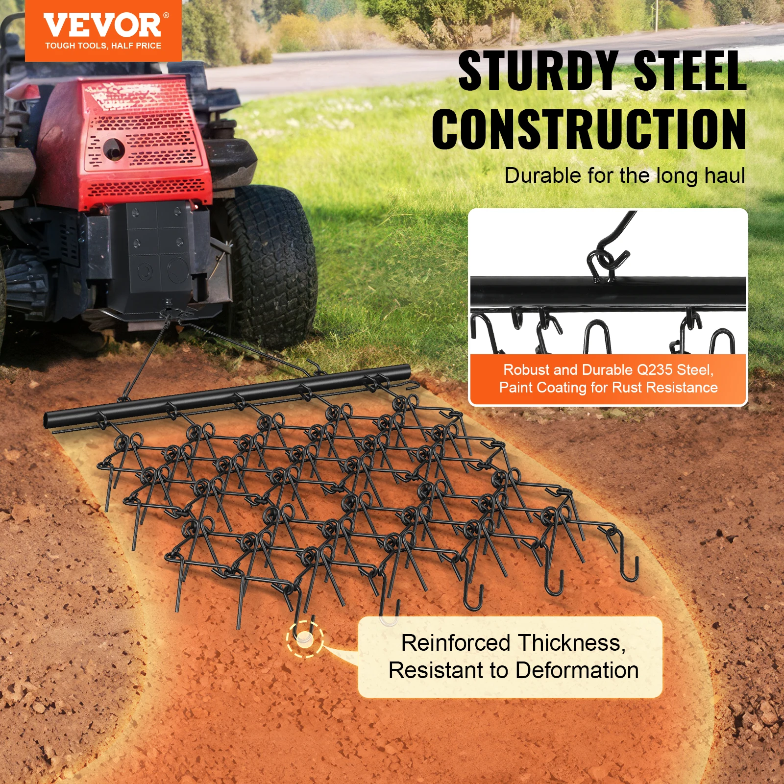 VEVOR Drag Harrow 4'x4' Heavy-Duty Chain Harrow with 69 Teeth ATV UTV Tractor Attachments Field Drag Mat for  Sod Prepping 2