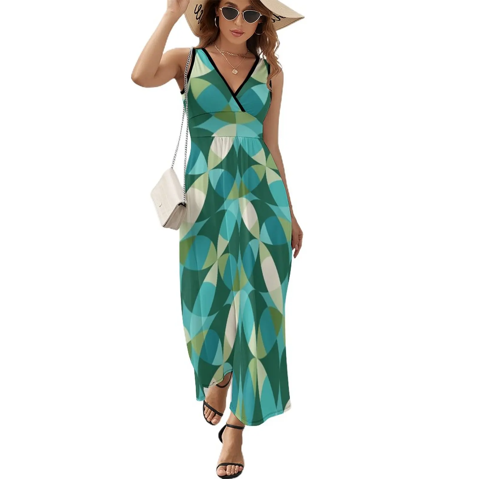 

Mid Century Modern Circle Lock Print 3 - Green Turquoise Teal Sleeveless Dress women clothes summer women's suit