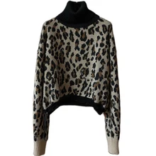 

Leopard Sweater Turtleneck Sweater Knits Autumn Winter New Fashion Chic Hem Drawstring High Neck Pullover Jacquard Sweater