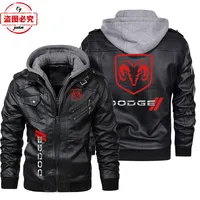Dodge car logo leather jacket retro washed pu leather jacket windproof men's hooded jacket dodge racing suit team suit 1