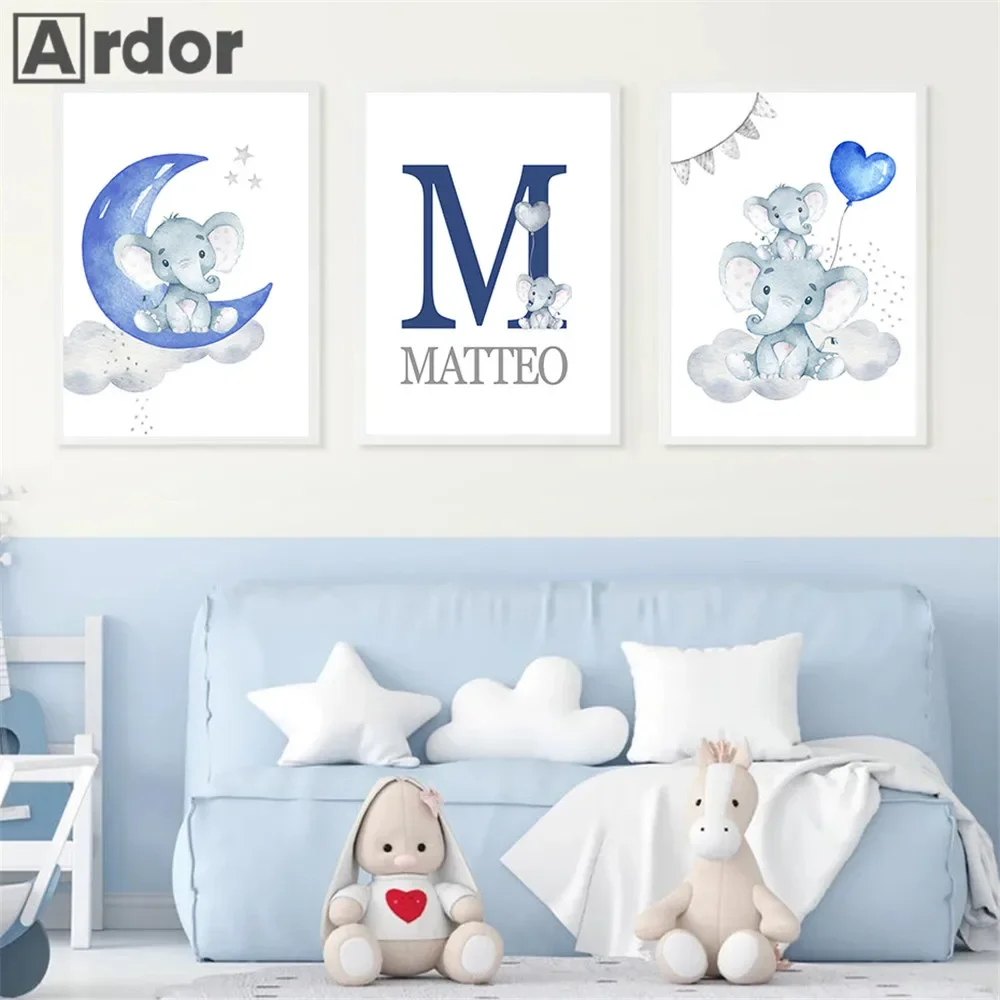 

Blue Moon Cloud Baby Nursery Wall Art Prints Custom Name Canvas Poster Elephant Painting Pictures Nordic Posters Kids Room Decor