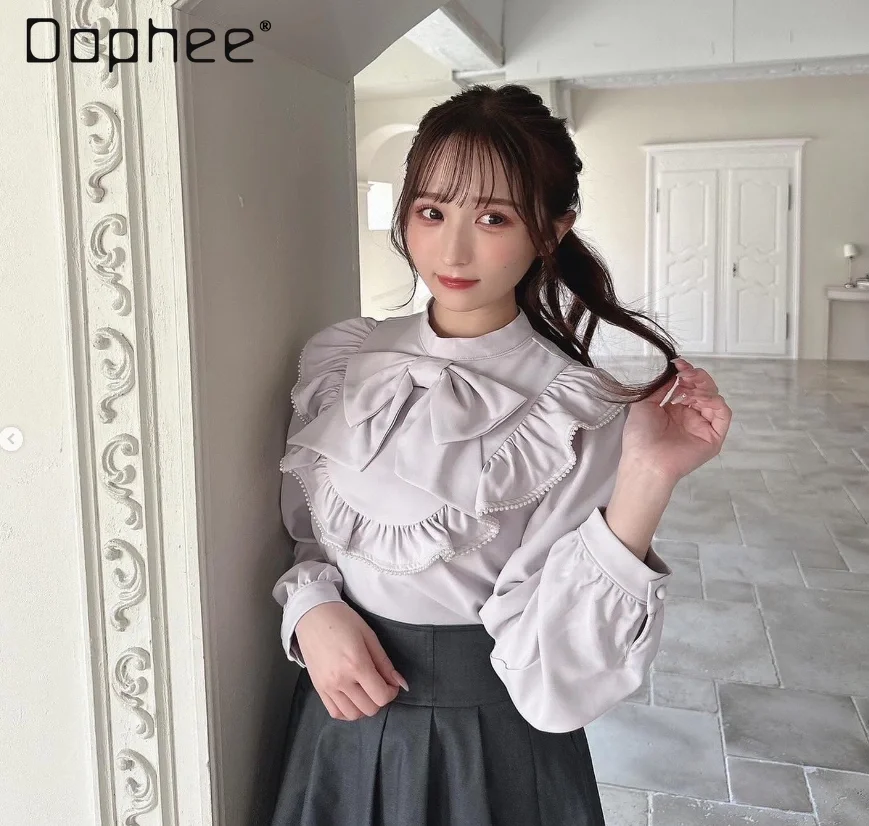 

Japanese Sweet Mass-Produced Big Bowknot Long-Sleeve Shirt 2024 Spring New Gentle All-Match Stand Collar Black Ruffle Top Female