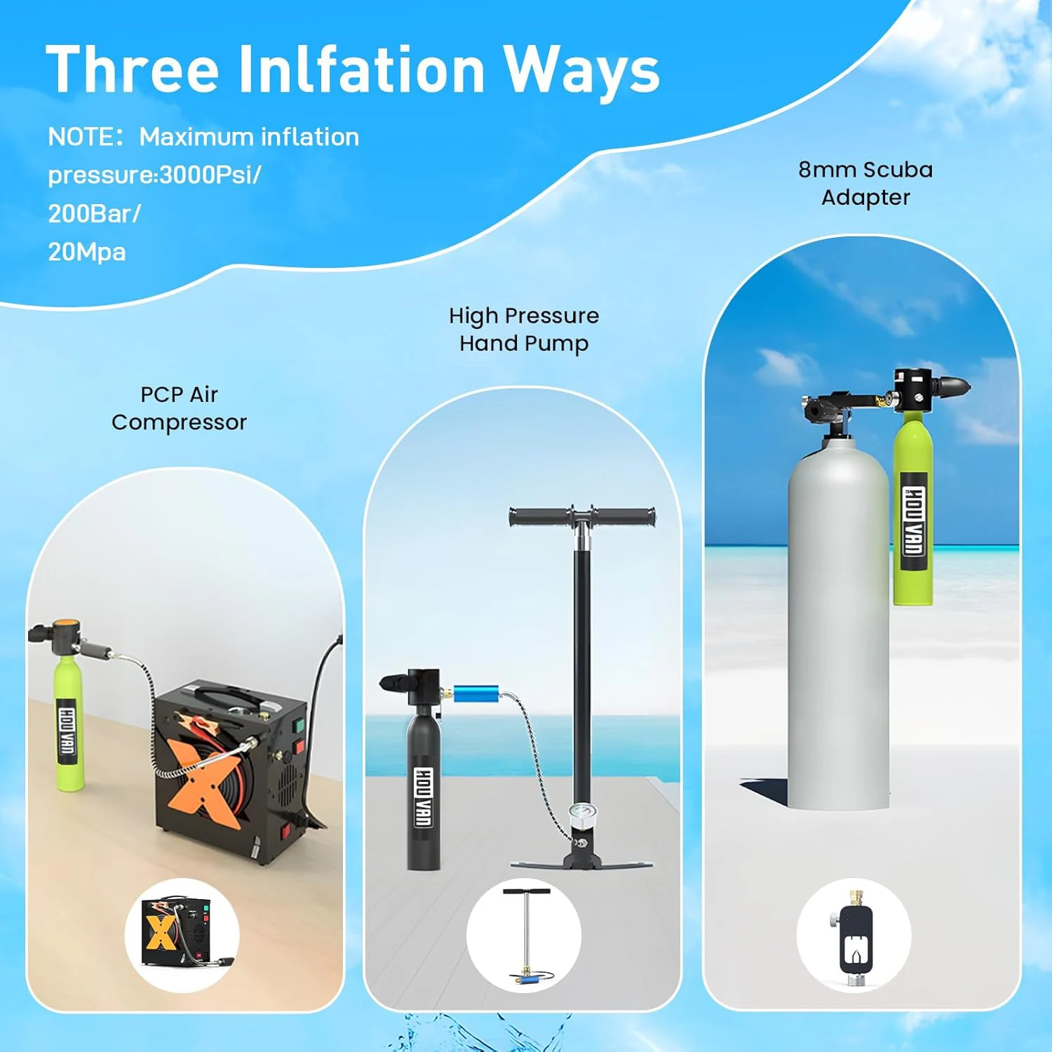 HOUVAN S300 Mini 0.5L Scuba Diving Tank with Snorkeling Full Face Mask And Hand Pump Diving Cylinder Dive Equipment for Adults