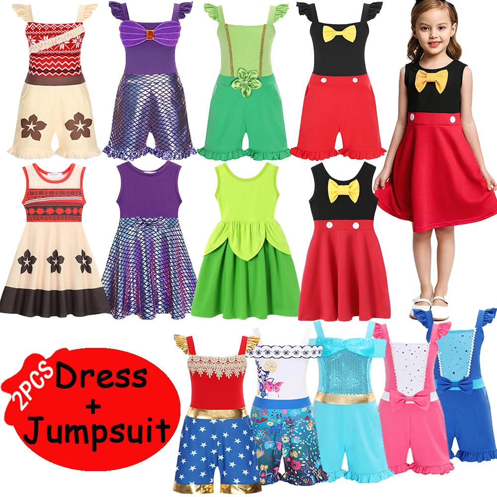 

2PCS Girls Casual Dress And Jumpsuit Sleeveless Knee-Length Skirts Beach Daily Clothing Fashionable Princess Style 2024 Clothes