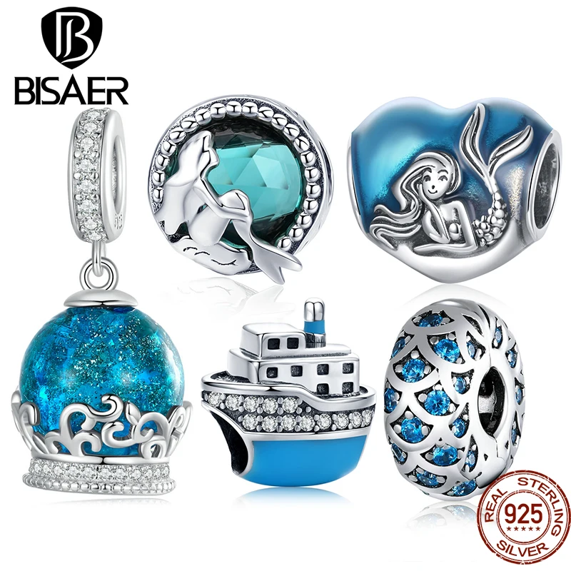 Bisaer 925 Sterling Silver Blue Sea Charm Beads Giant Ship Mermaid Pendant For Women Bracciale Collana Gioielli Fai Da Te Regalo Da Spiaggia
