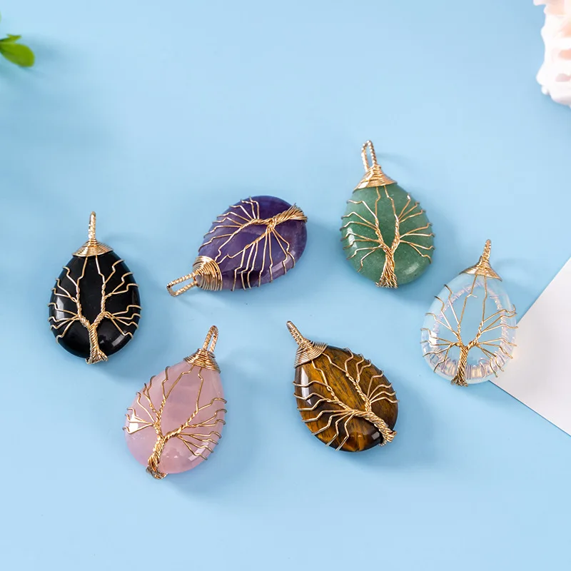

Trendy Semi-precious Stones Pendant For Women Men Copper Wire Wrap Natural Crystal Water Drop Dangle Genuine Quartz Gem Jewelry