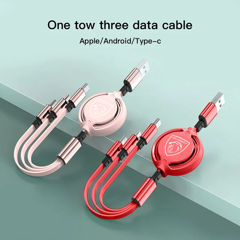 Car Charger Accessories 3 In 1 USB Cable Retractable Fast Charging Data Cord For Peugeot 206 307 308 3008 207 208 407 508 2008 408 4008 Rifter 5008 301