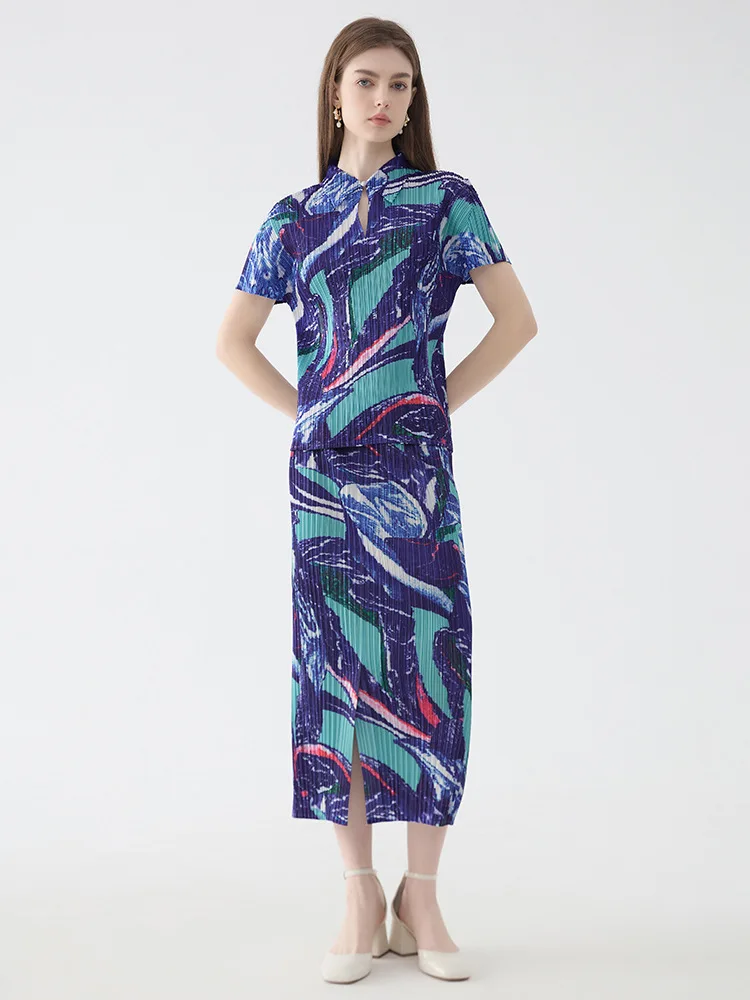 miyake-fold-2024-summer-new-floral-suit-polo-collar-short-sleeved-shirt-straight-tube-printed-skirt-two-piece-set