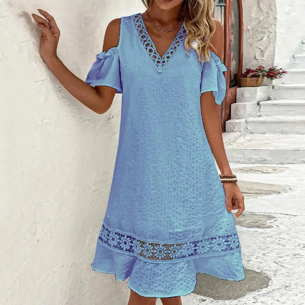 

Women Dress V Neck Summer Dress Hollow Out A-line Dress Loose Hem Flower Decor Shirring Short Sleeves Feamle Dating Party Dress