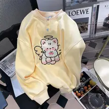  Harajuku Angel Bear Embroidery Sweatshirt Students Buttons O-neck Long Sleeve Pullover Loose Kawaii Clothes Korean Fashion Tops 