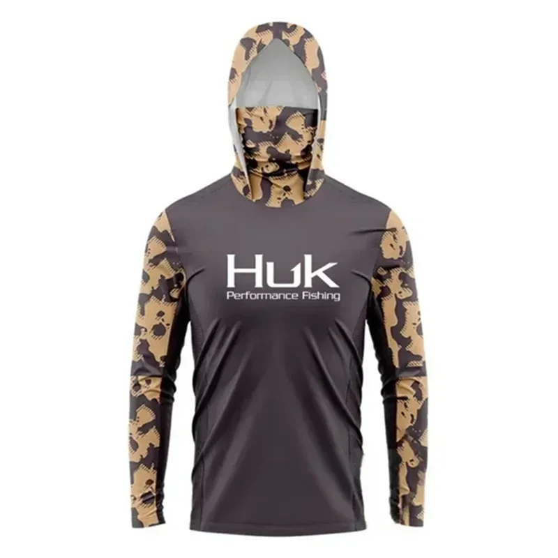 HUK Fishing Shirt Long Sleeve Anti-UV Hooded With Face Mask Seam Sealing Tape