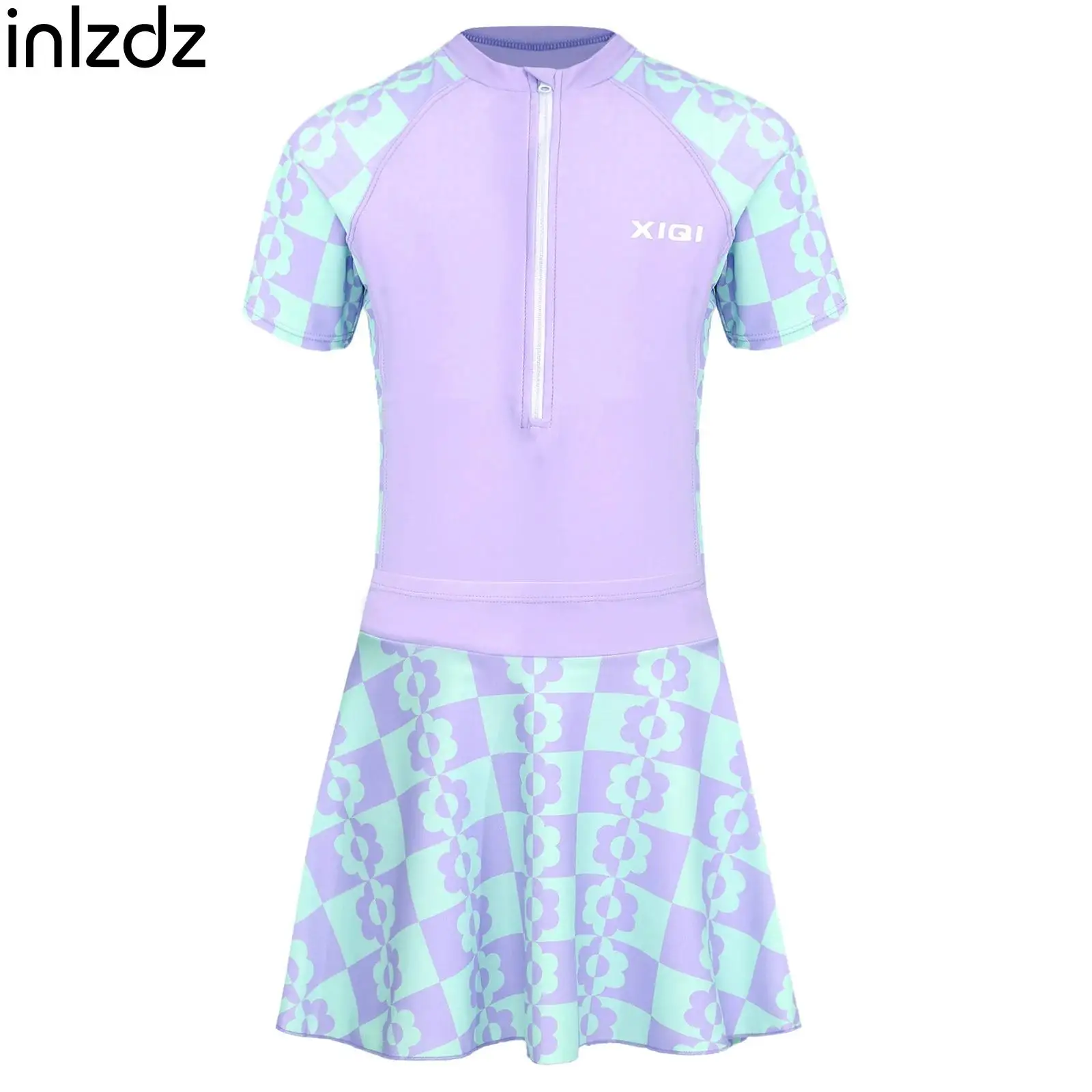 2-piece Set Kids Girl Swimsuit One Piece Zipper Swimwear with Swimming Skirt UPF50+ Sun Protection Hot Spring Bathing Suits
