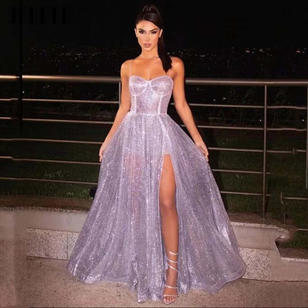 

JEHETH Elegant Purple Shiny Prom Gowns For Woman Spaghetti Straps A-Line Sweetheart Evening Dress Side Split vestidos de gala