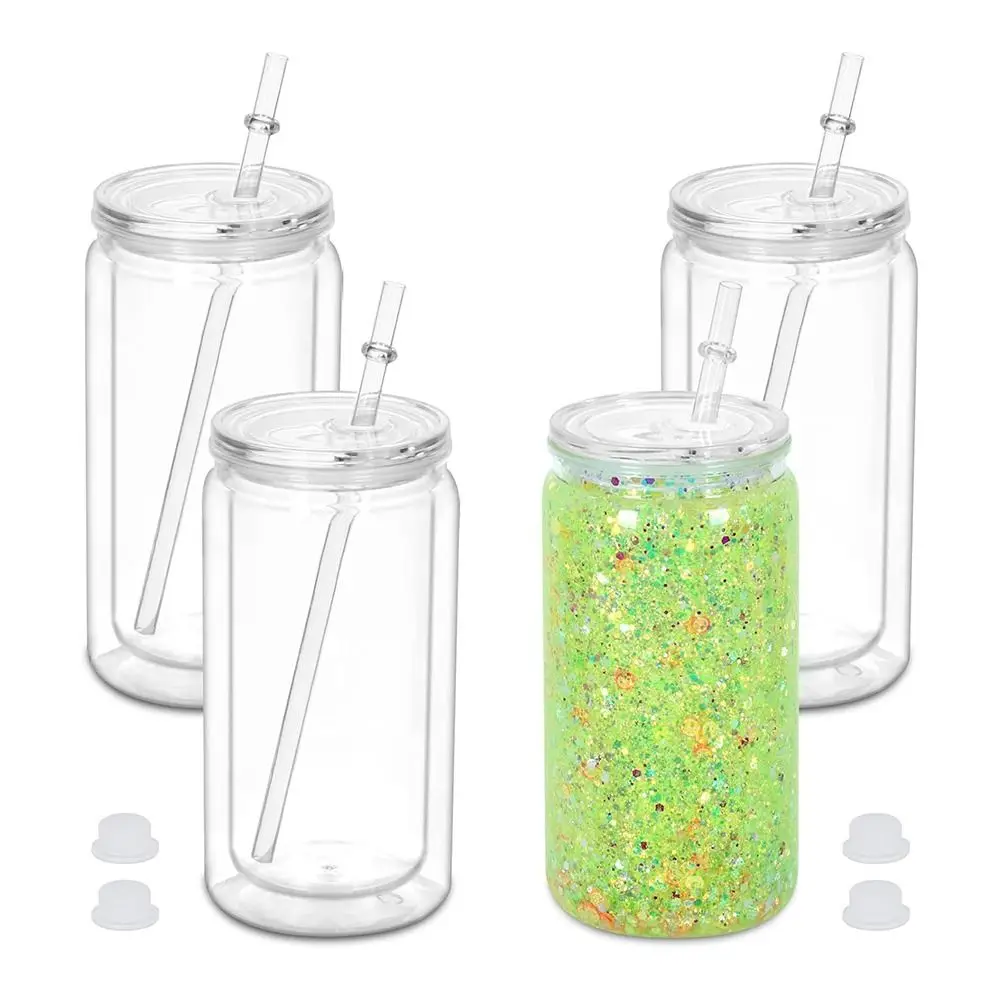 Gift 16oz Capacity Mason Jar Cups Reusable Double Layers Water Bottles Break-Resistant Snow Globe Tumbler Holiday Gifts