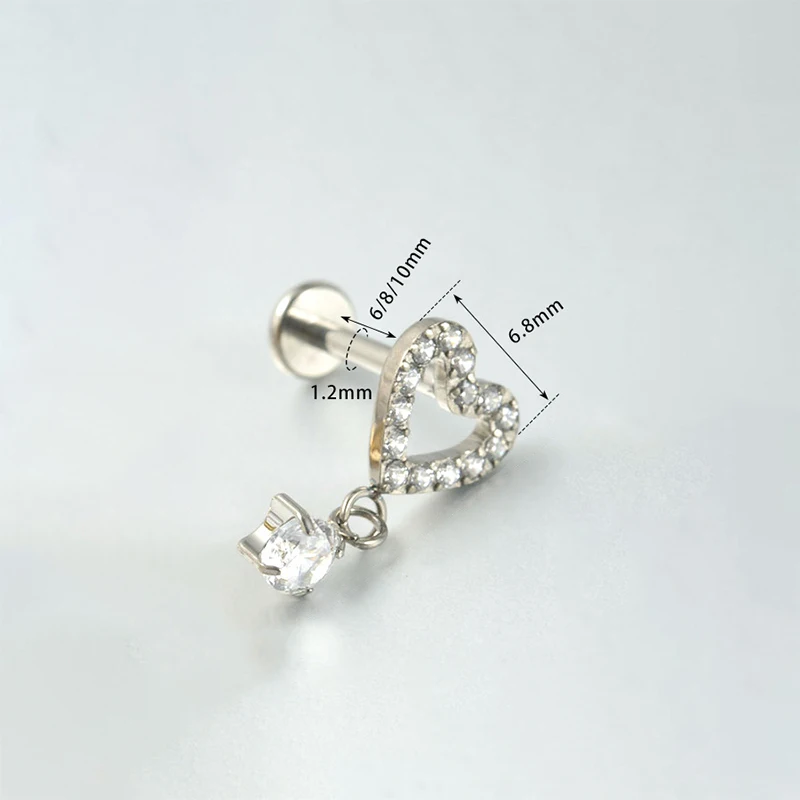 1PC ASTM F136 G23 Titanium CZ Heart Stud Earring Internally Threaded Piercing Labret Stud Tragus 16G Piercing Jewelry Wholesale 2