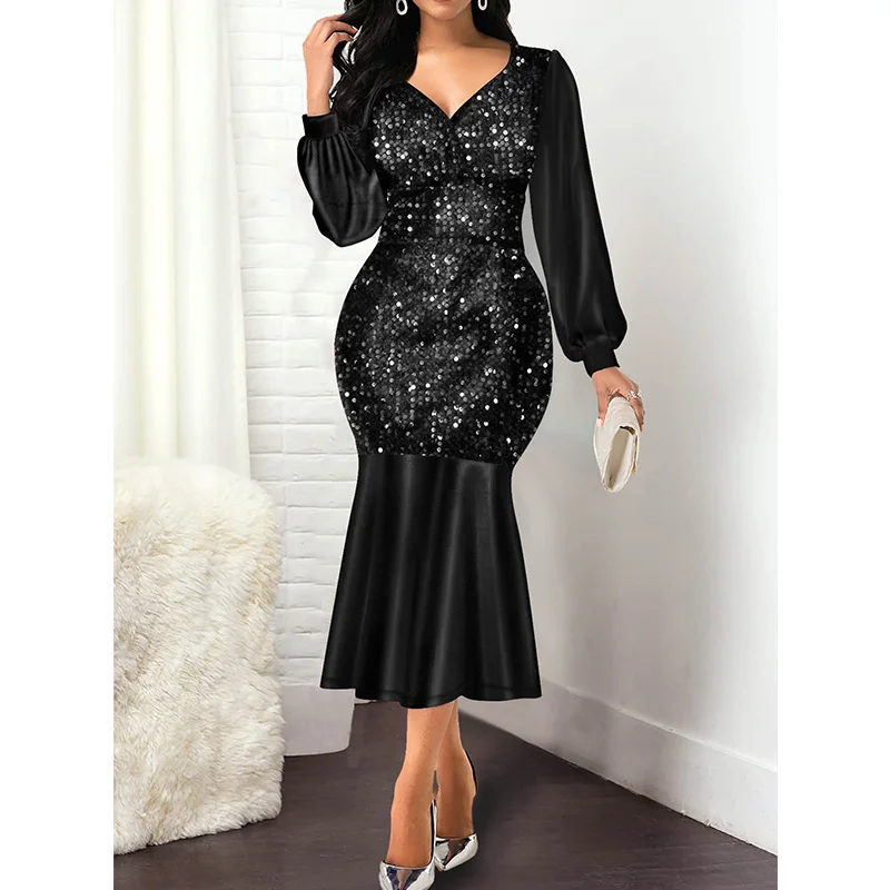 Autumn Evening Party Sexy V-Neck Sequined Patchwork Solid Slim Long Sleeve Zipper Higt Waist Fishtail Dresses Plus Size Women
