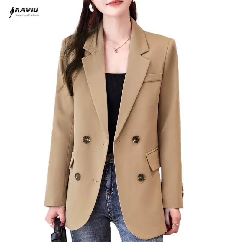

NAVIU Khaki Blazers For Women Korean Elegant Slim Turn Down Collar Long Sleeve Coats Office Lady Bouble Breasted Casual Jackets