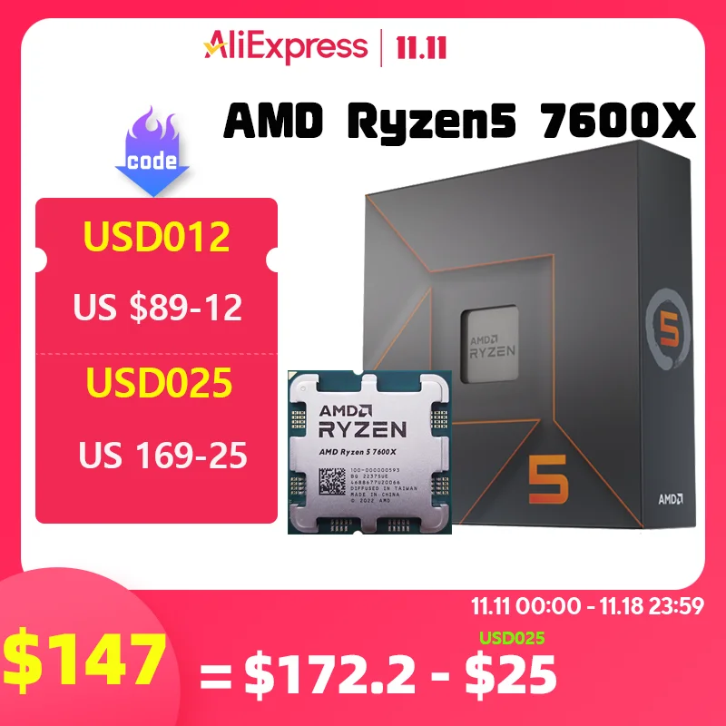 AMD RYZEN 5 7600X CPU Gaming Processor 6-Core 12-Thread 5nm 38M Socket AM5 Without Fan