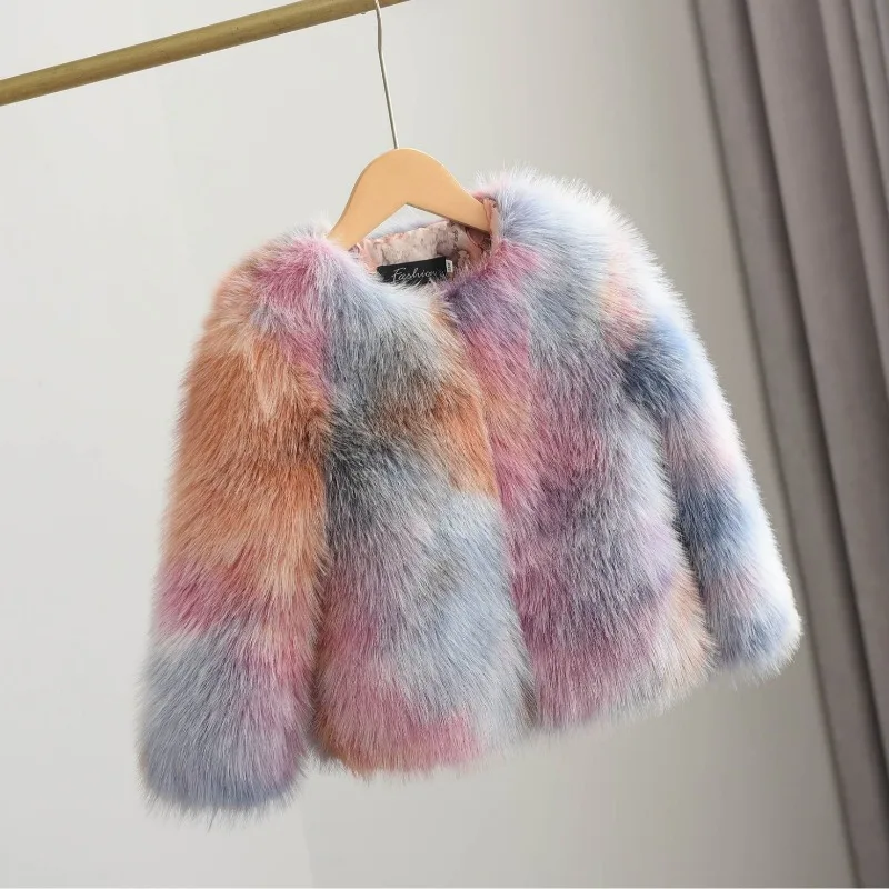 Winter Patchwork Fur Coat for Girls Short Round Neck - Uniqwear