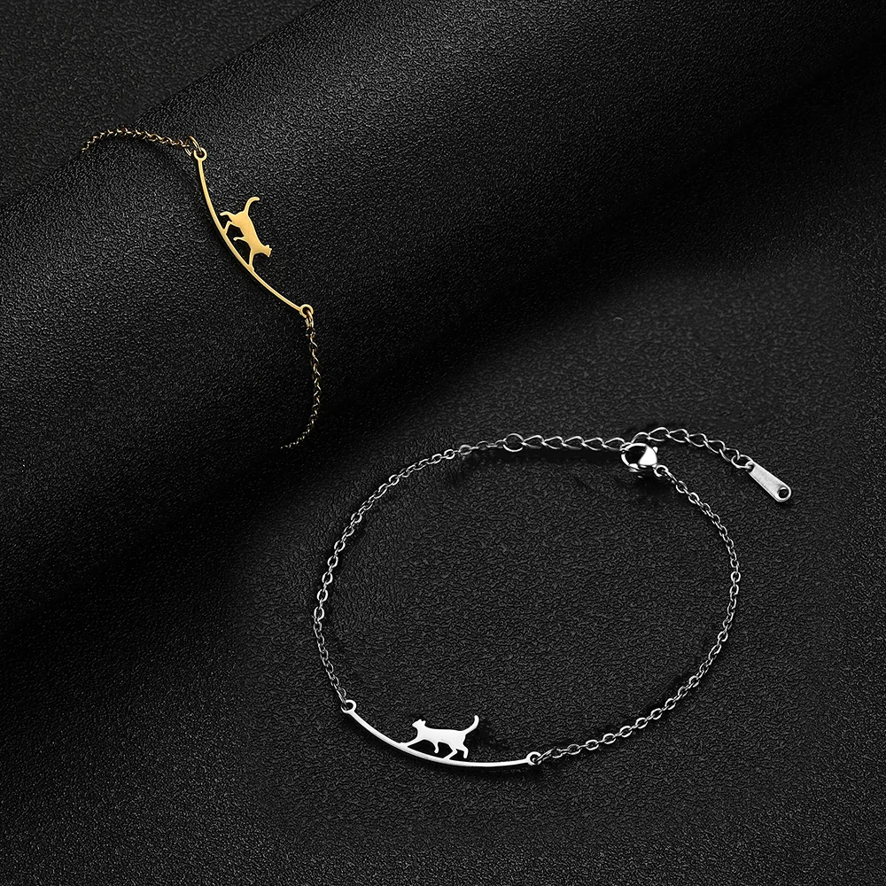 Cazador Niedlichen Walking Katze Edelstahl Armband für Frauen Tier Kätzchen Doppel Kette Armband auf Hand Schmuck Geschenk Großhandel – Detail 11